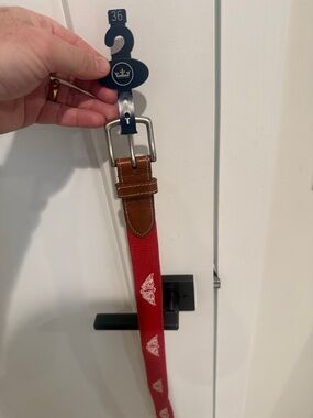 Peter Millar Red Canvas Belt with Brown Leather Trim